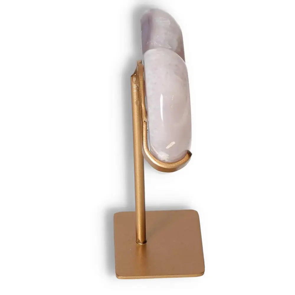 Side view of Agate Heart on bronze stand, showcasing Sylvia Crystals' premium quality, perfect for energy balancing and decoration.