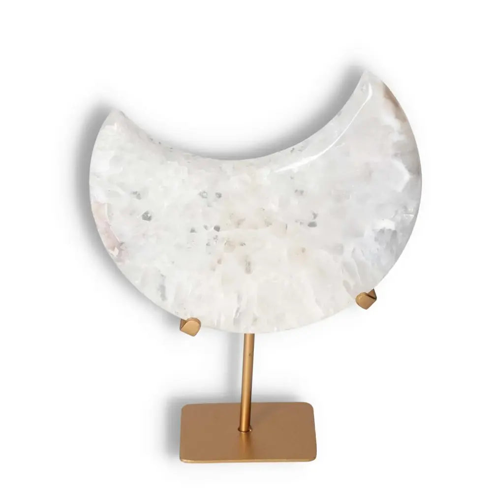 Alt Tag: Agate lunar crescent décor with natural geode center, showcasing ethereal, celestial elegance and off-white translucent layers.