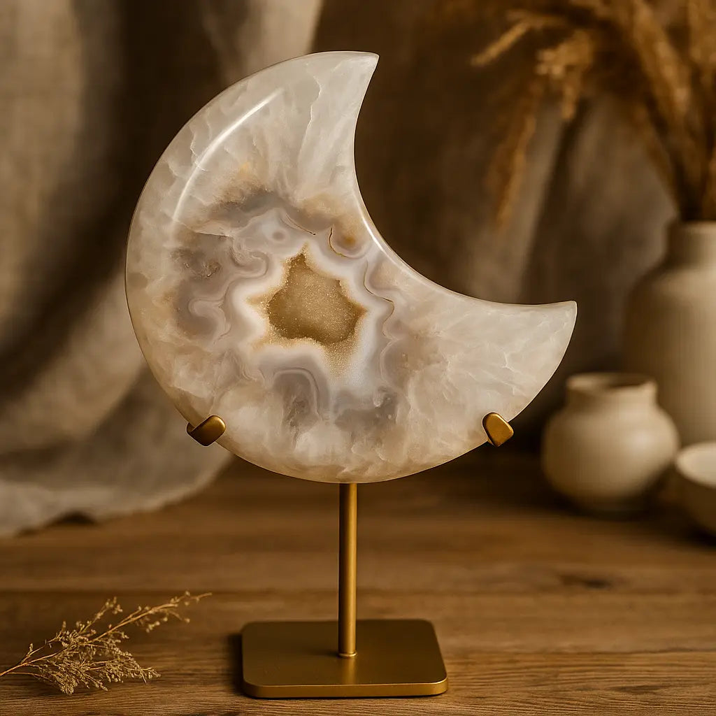 Agate Lunar Crescent in White with Soft Beige and Cream Accents, Mounted on Stand Sylvia Crystals Sp. z o.o.