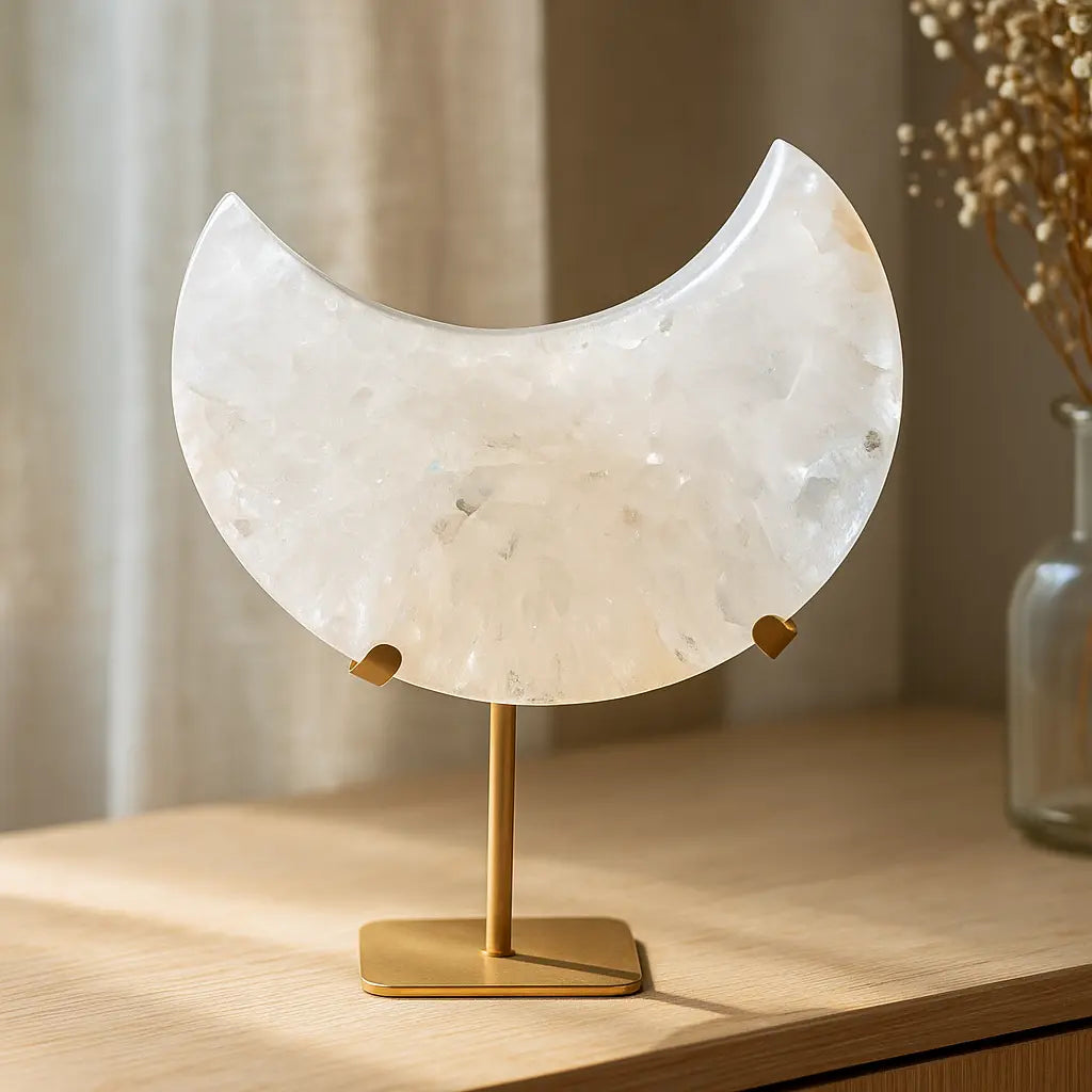 Agate Lunar Crescent in White with Subtle Cream Tones, Mounted on Stand Sylvia Crystals Sp. z o.o.