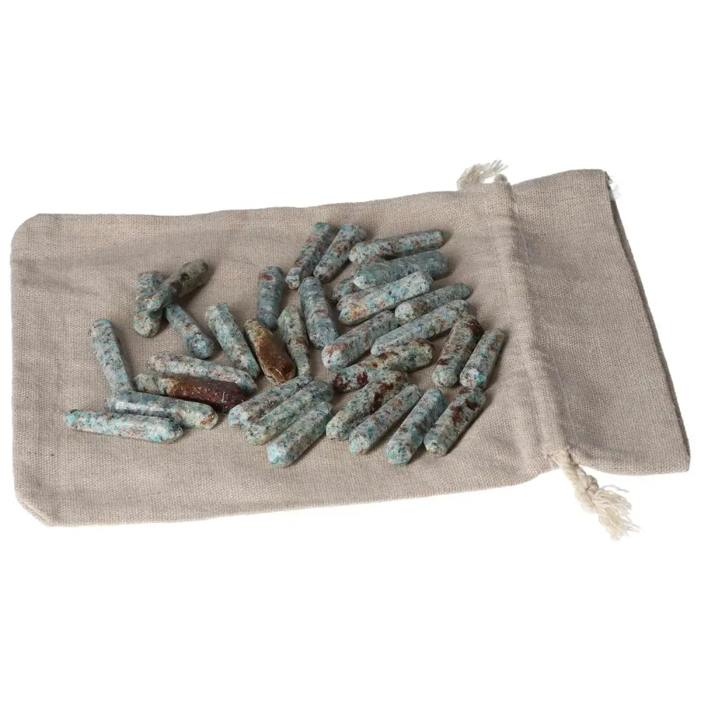 Amazonite small stick stones in a beige drawstring pouch for emotional balance and harmony.