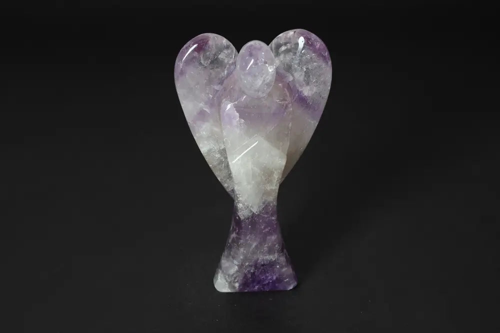 Angel-shaped amethyst crystal statue, 15 cm tall, known for stress reduction, energy boost, enhanced concentration, and emotional stability.