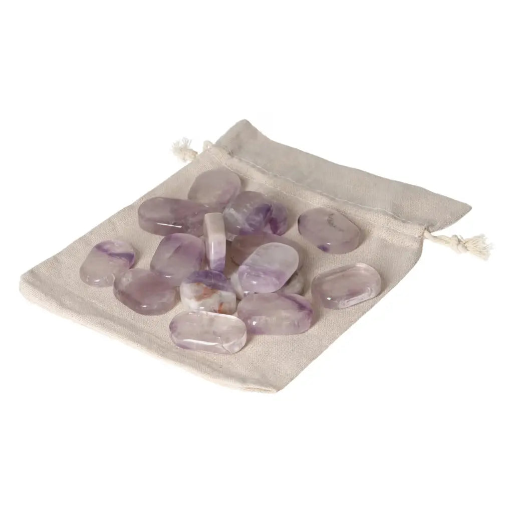 Collection of polished amethyst stones in a soft beige pouch, ideal for relaxation and stress relief.