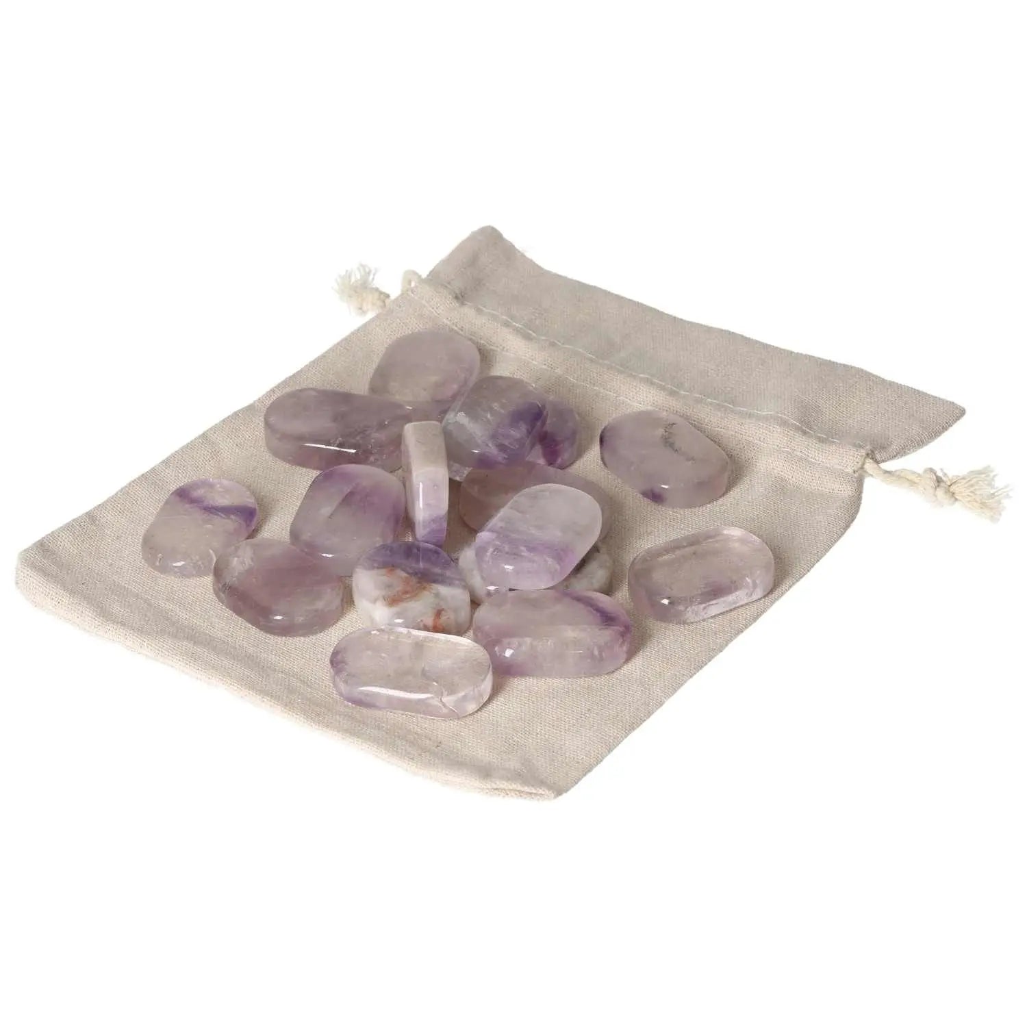 Amethyst Antistress Thumb Massager stones on a beige pouch, promoting stress relief and energy boost.