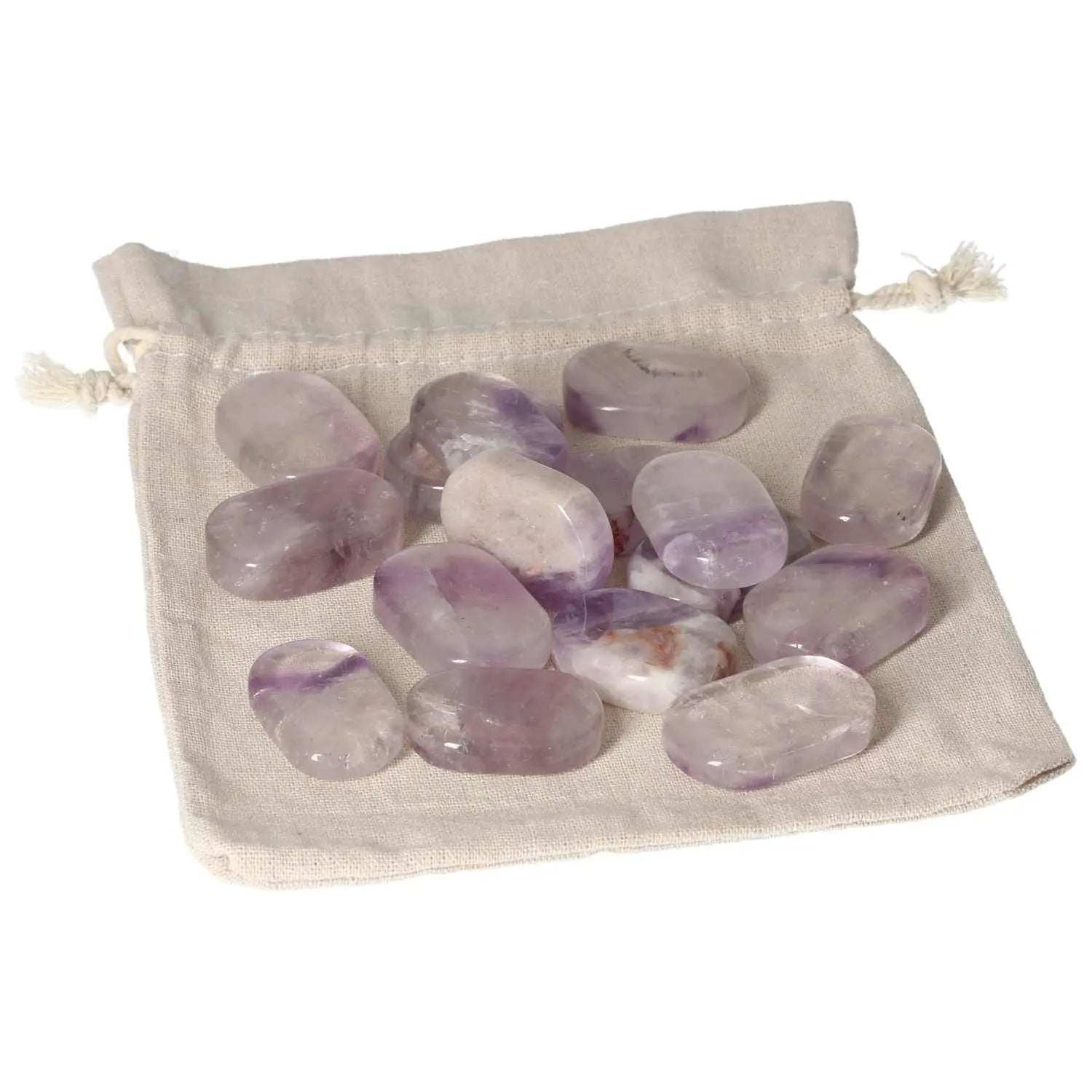 Collection of polished amethyst stones in a beige drawstring pouch, ideal for stress relief and energy enhancement.