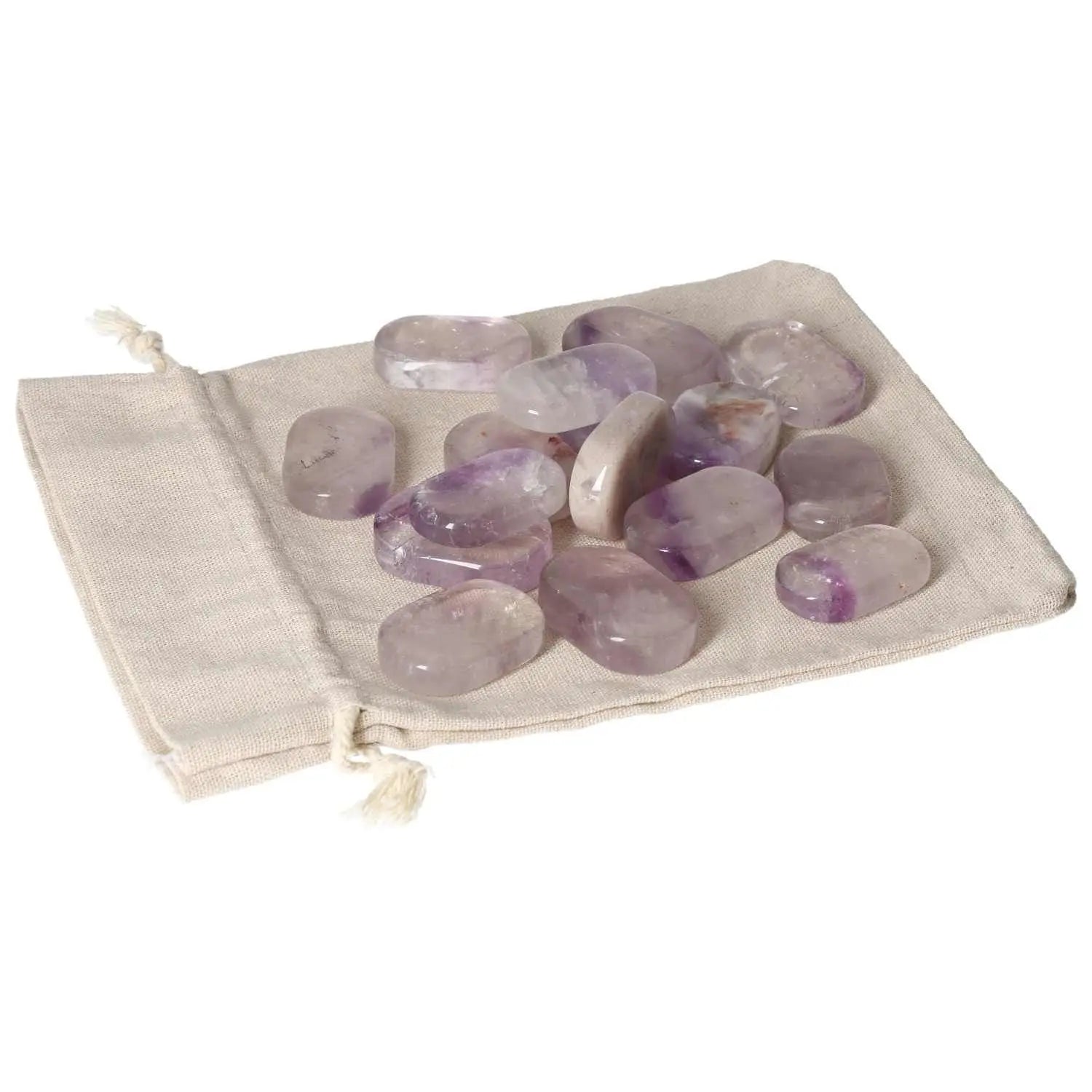 Amethyst antistress thumb massagers displayed on a textured fabric bag, highlighting their calming properties and subtle lavender hues.