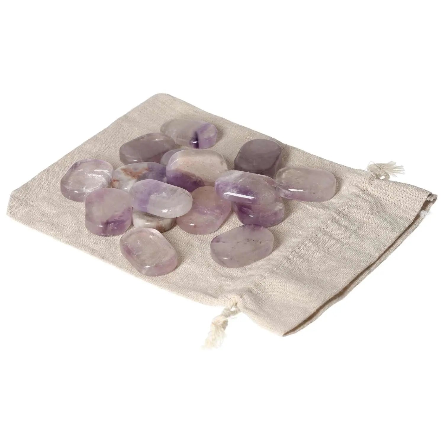 Amethyst stones on a drawstring pouch for stress relief and concentration enhancement.