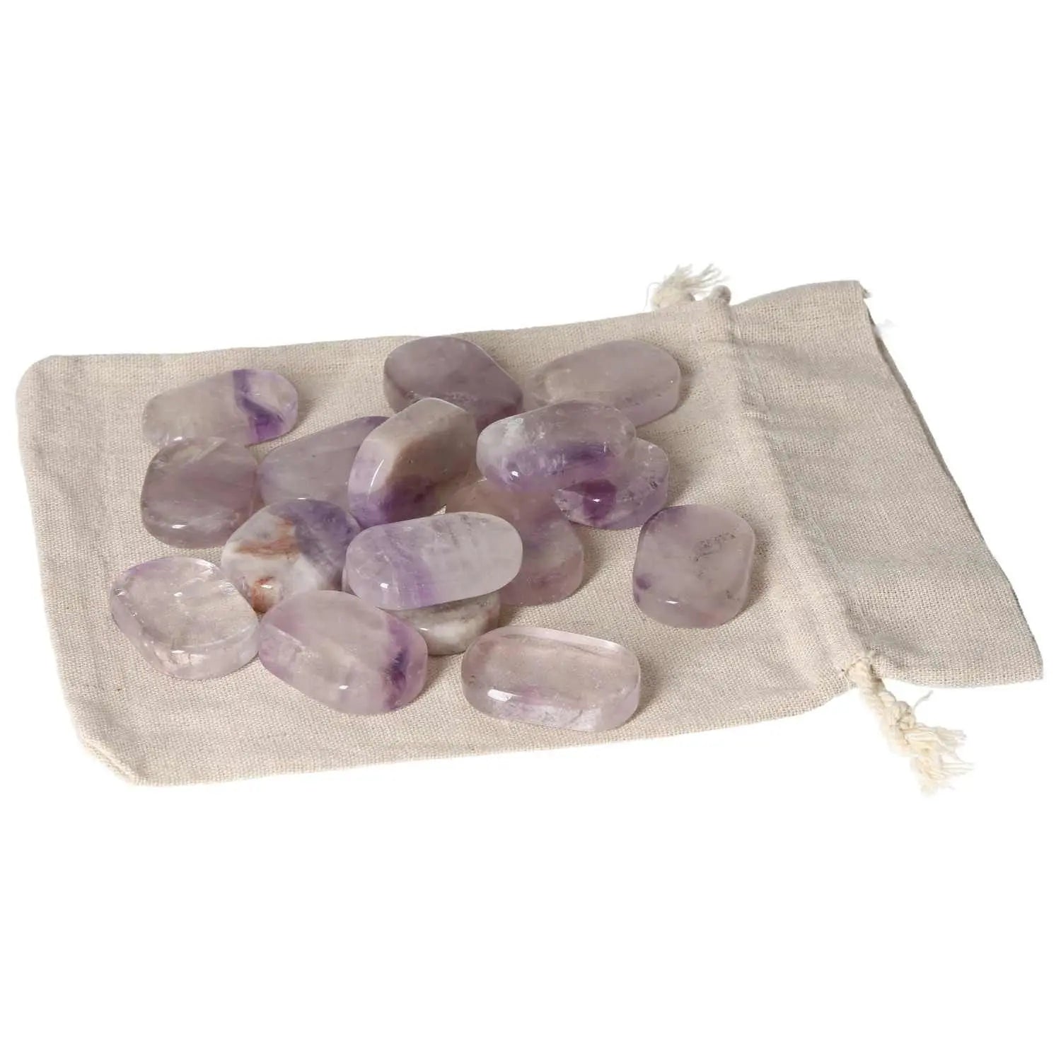 Amethyst stones on a canvas bag, ideal for stress relief and concentration, showcased by Sylvia Crystals.