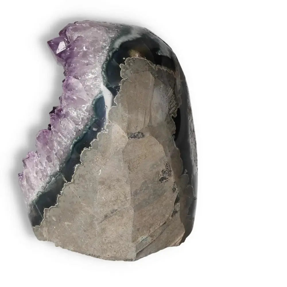 Amethyst Cut Base Geode by Sylvia Crystals showcasing its deep purple hues and clear crystal formations for emotional stability.