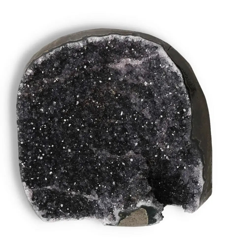 Amethyst Cut Base Geode with sparkling crystals, ideal for decor and stress reduction, enhancing emotional stability and concentration.