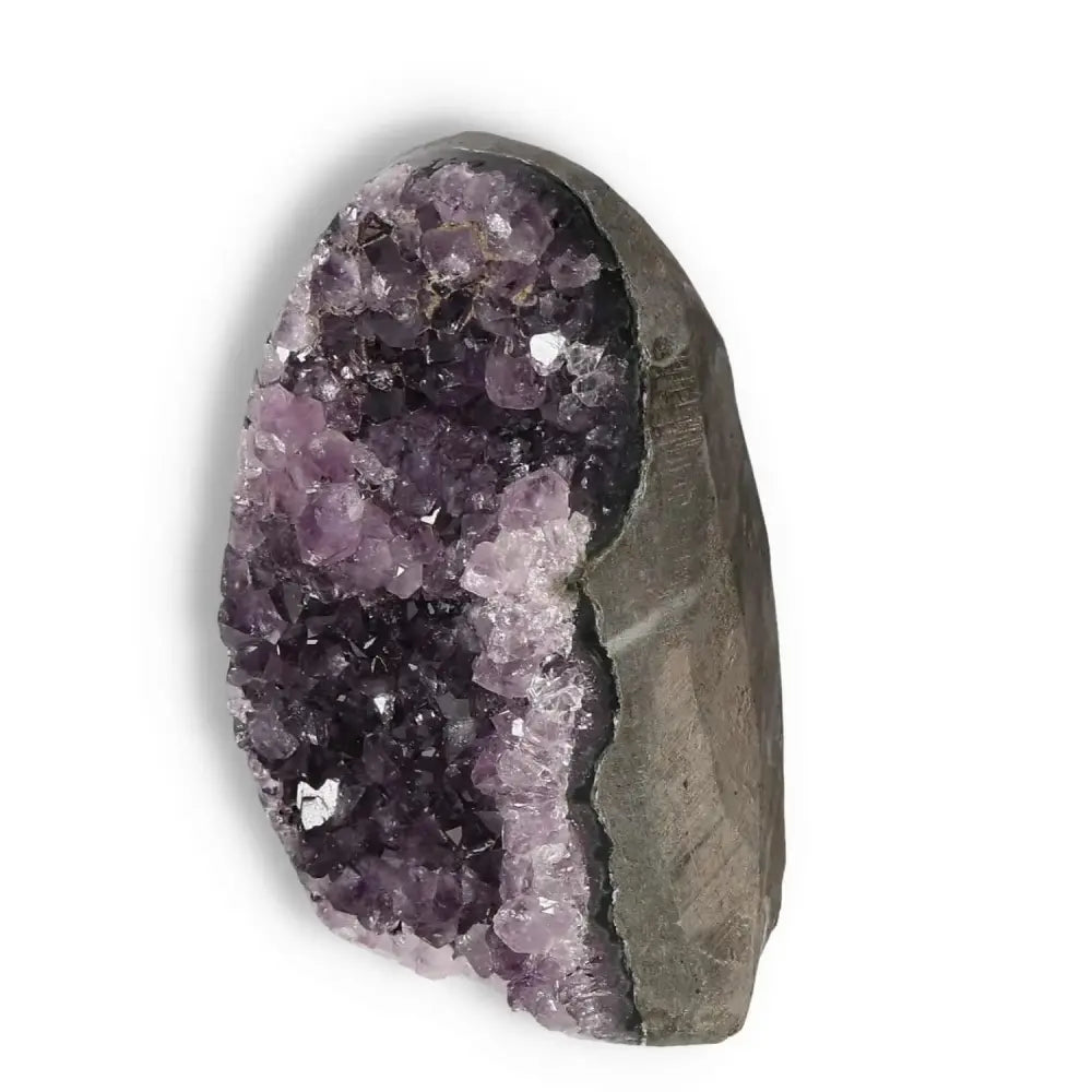 Amethyst Cut Base Geode from Sylvia Crystals showcasing sparkling purple crystals with a natural base, ideal for spiritual enrichment.