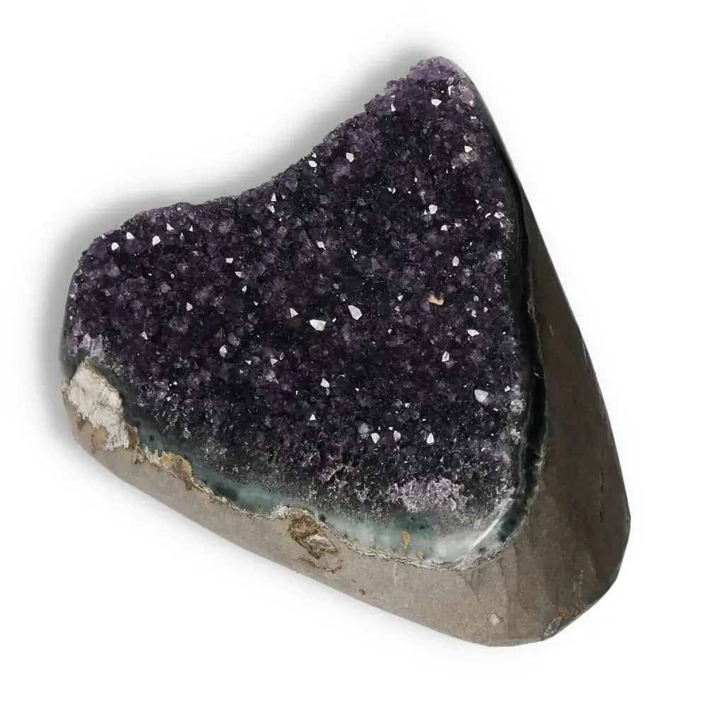 Luxurious Amethyst Cut Base Geode showcasing vibrant purple crystals, enhancing energy and reducing stress, by Sylvia Crystals.