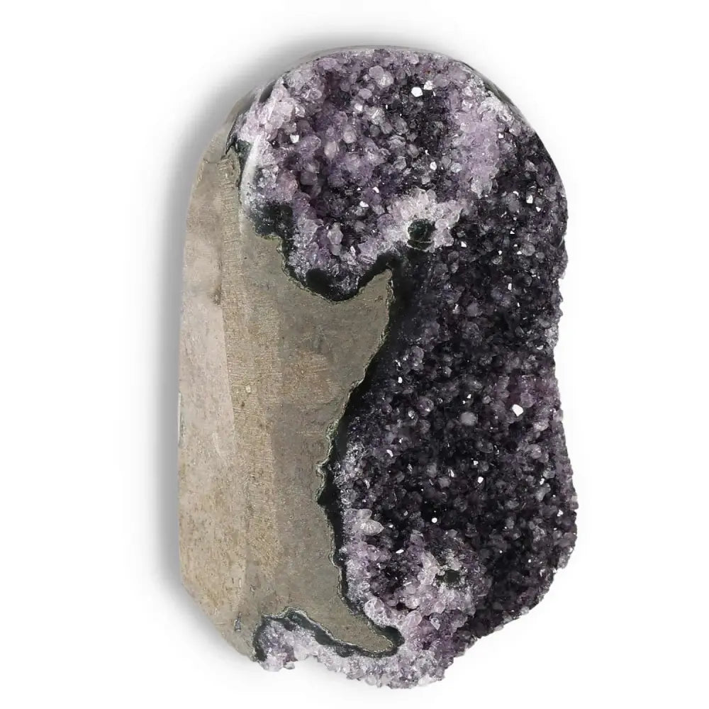 Amethyst Cut Base Geode showcasing vibrant purple crystals, handpicked by Sylvia Crystals, perfect for energy and wellness.
