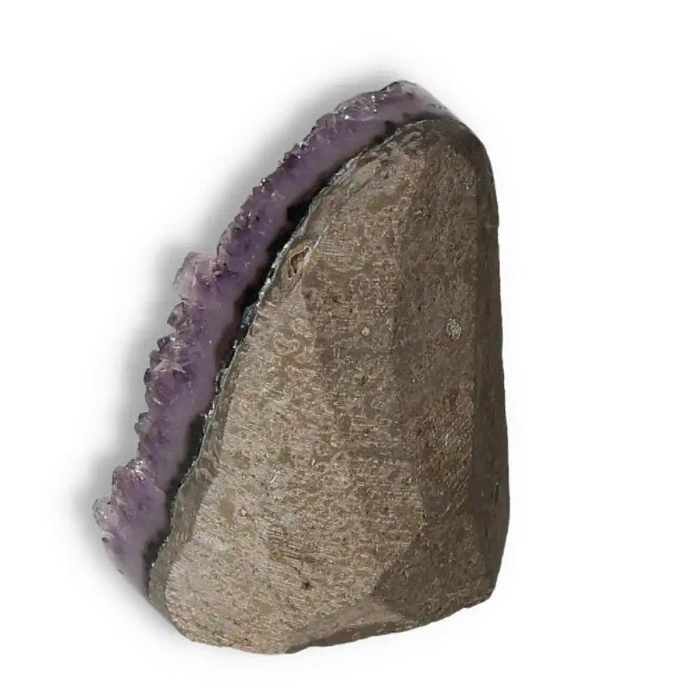 Amethyst Cut Base Geode by Sylvia Crystals, showcasing its natural elegance and stress-reducing properties, ideal for decor and energy healing.