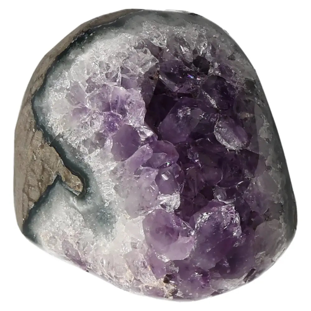 Premium Amethyst Cut Base Geode showcasing purple crystals, embodying spiritual energy and luxury from Sylvia Crystals.
