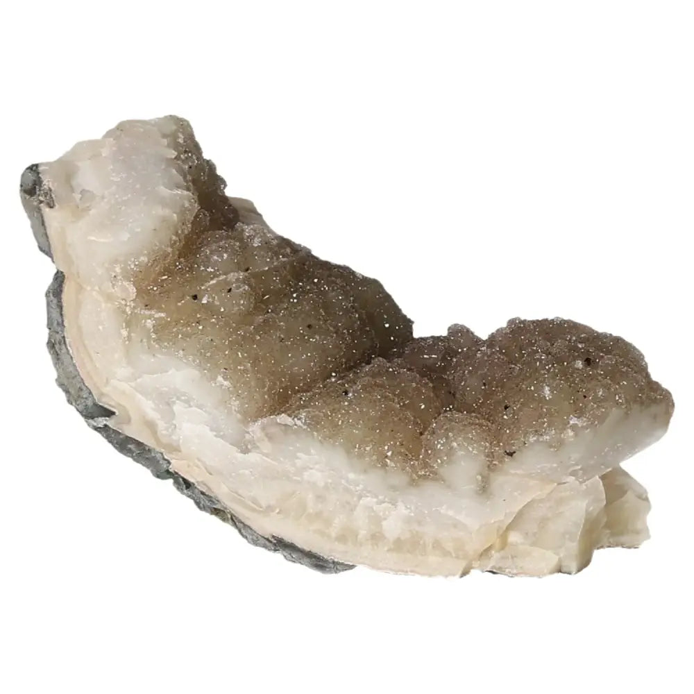 Natural brown and white crystal geode with sparkling druzy surface, perfect for home decor and promoting relaxation.