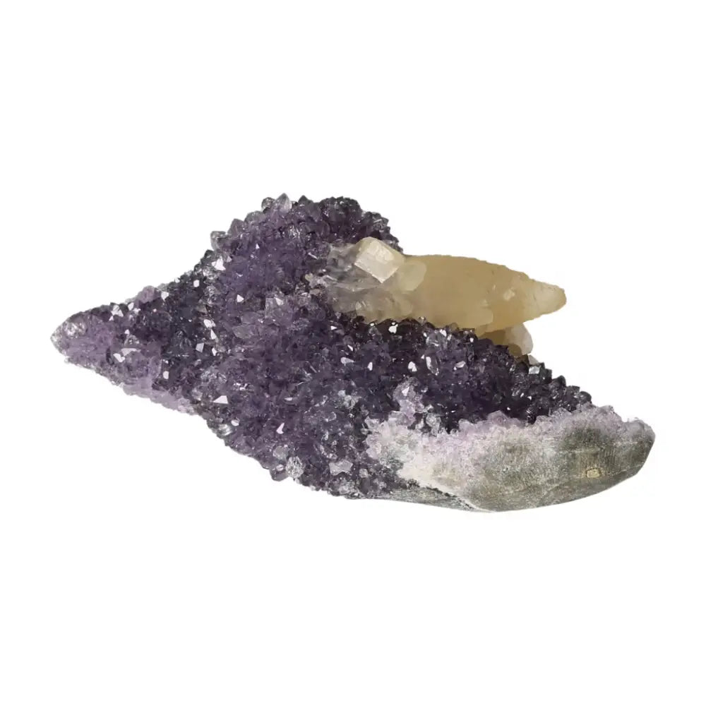 Luxury Amethyst Druze crystal from Sylvia Crystals, known for enhancing concentration and reducing stress, isolated on white background.