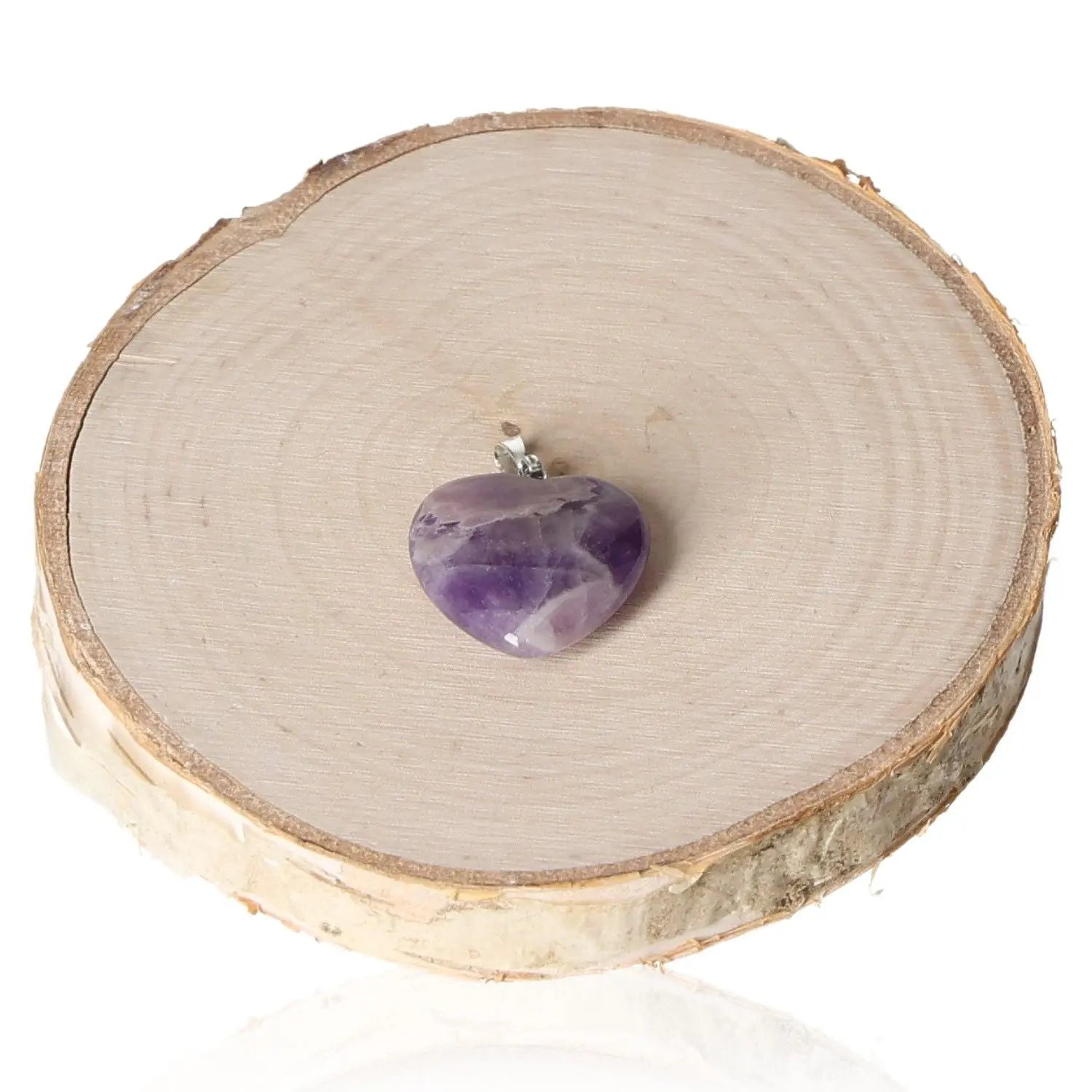 Alt Tag: "Elegant 20mm Amethyst Heart Pendant on Wooden Display - Perfect for Adding Violet Charm and Calming Energy to Any Look"