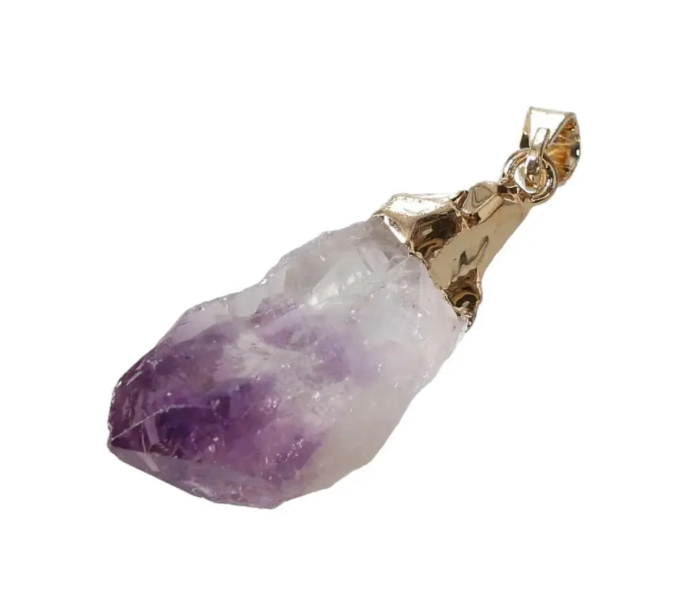 Gold-capped amethyst point pendant with vibrant purple hues, perfect for jewelry lovers seeking elegance and spiritual balance.