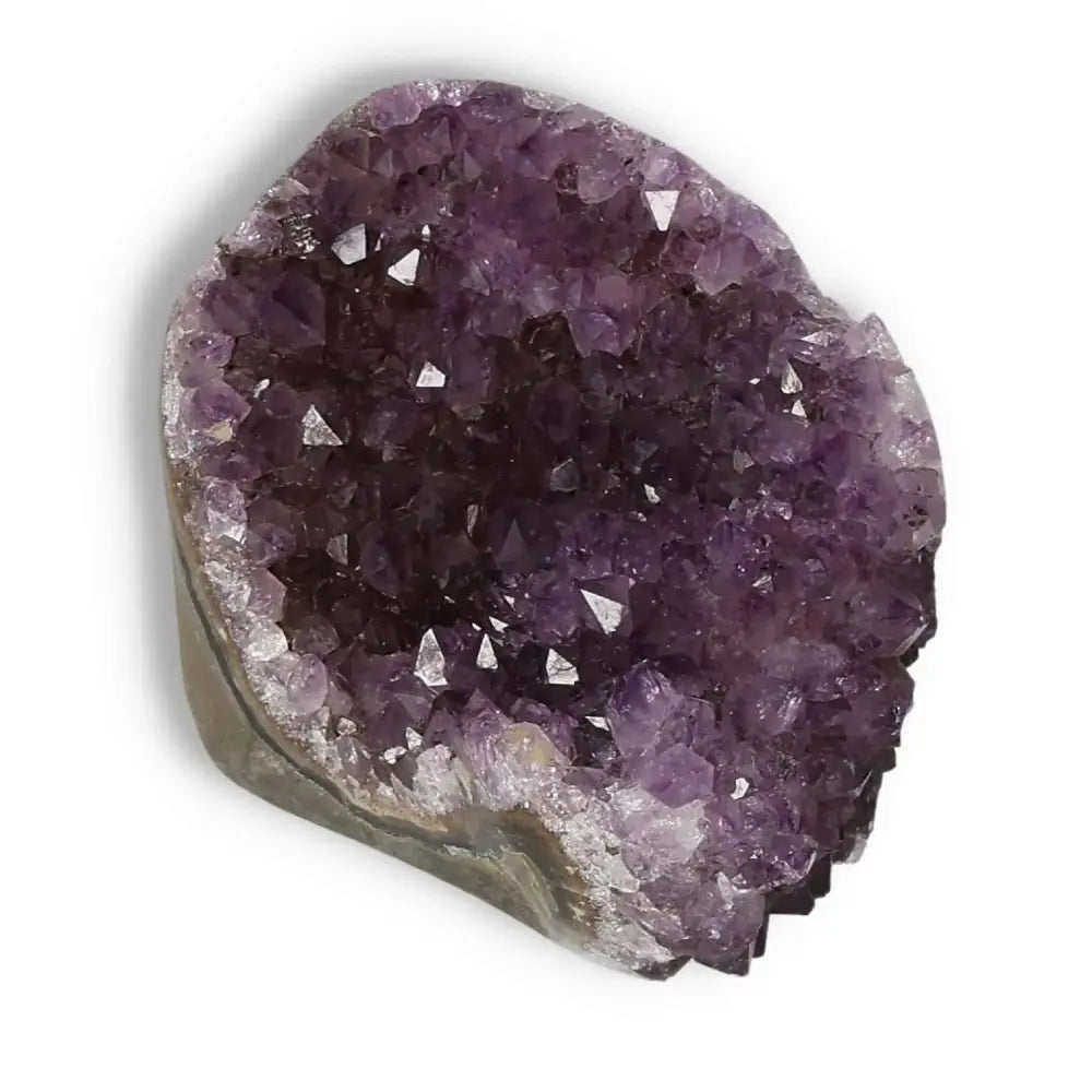 Amethyst cut base geode from Sylvia Crystals, showcasing radiant purple crystals, known for calm and luxury.
