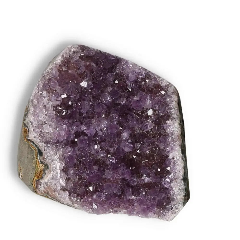 Amethyst cut base geode with violet hues from Sylvia Crystals, offering elegance and stress relief benefits.