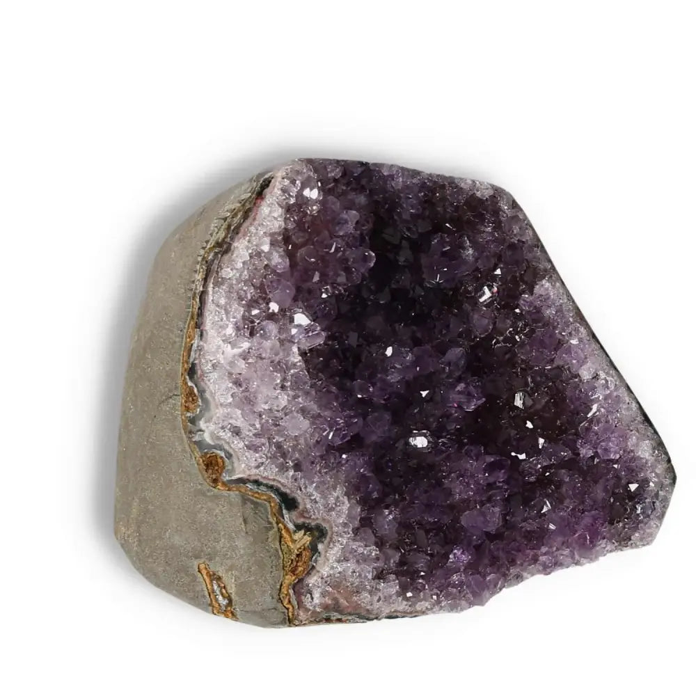 Amethyst cut base geode with vivid violet crystals, enhancing decor and providing emotional stability, from Sylvia Crystals.