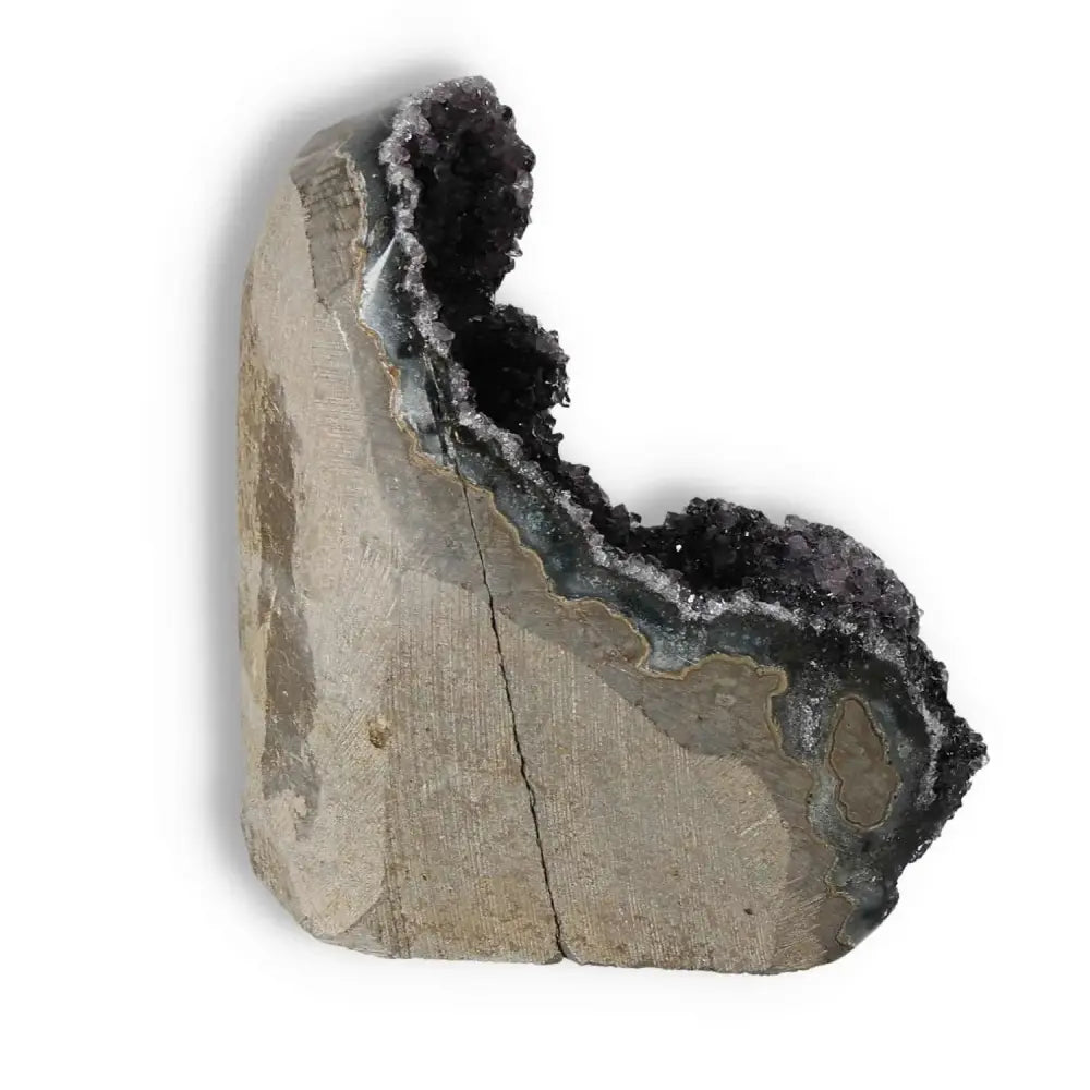 Amethyst cut base geode with natural crystal formation, offering serene energy and stress relief.