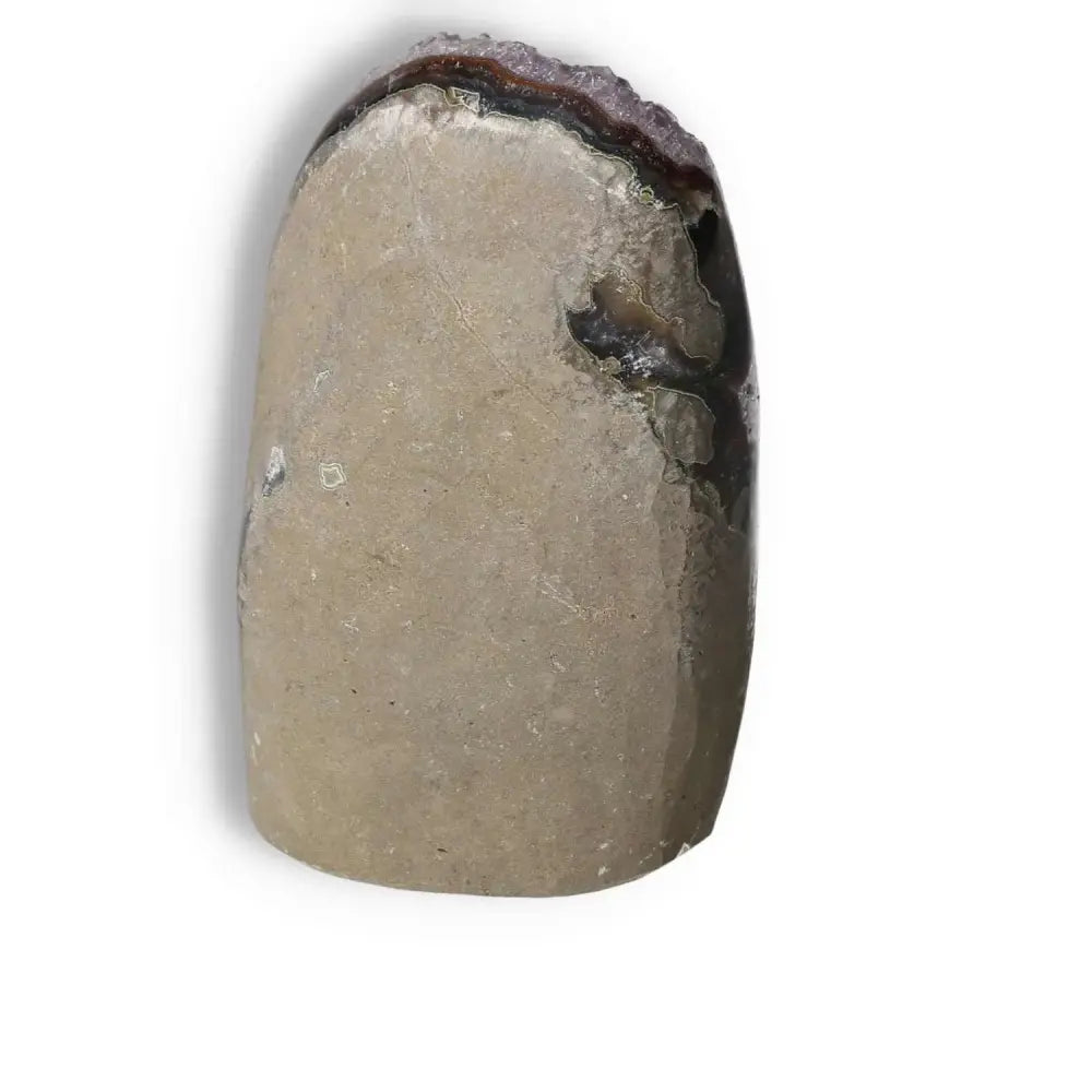 Amethyst cut base geode from Sylvia Crystals, showcasing luxury and spirituality with stress-reduction attributes.