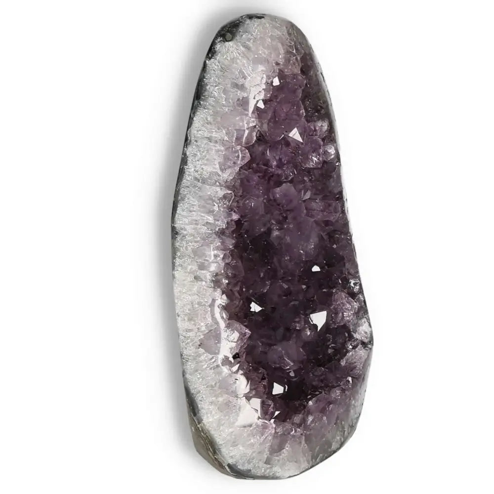 Amethyst cut base geode from Sylvia Crystals, showcasing premium quality purple crystals with a smooth, glossy finish.