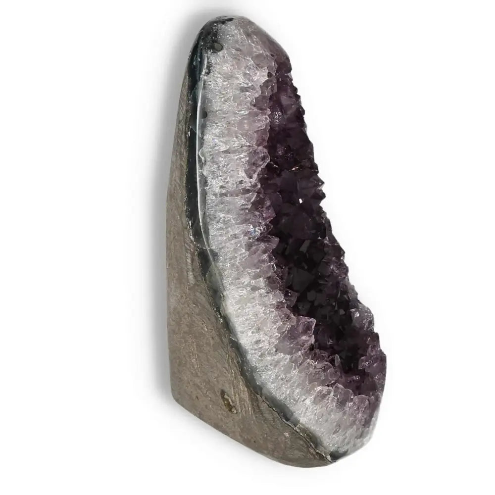 Premium Amethyst cut base geode from Sylvia Crystals, showcasing deep purple hues and high-quality craftsmanship.