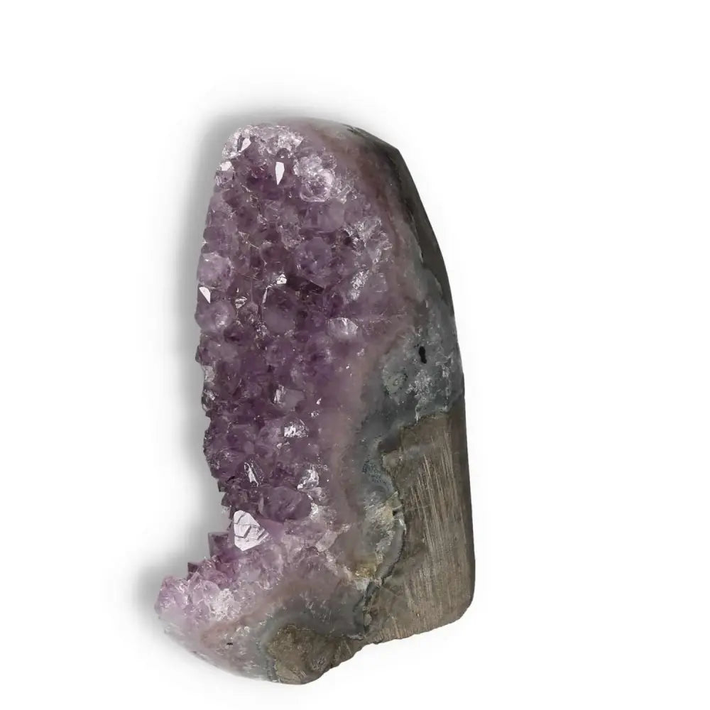 Amethyst cut base geode with deep purple tones from Sylvia Crystals, promoting calm and focus, standing elegantly on a white backdrop.