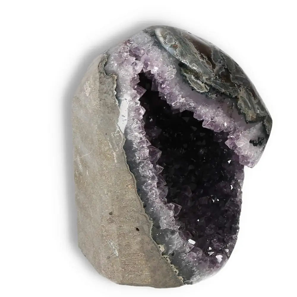 Stunning Amethyst cut base geode with deep purple hues and crystalline formations, ideal for decor and stress relief.