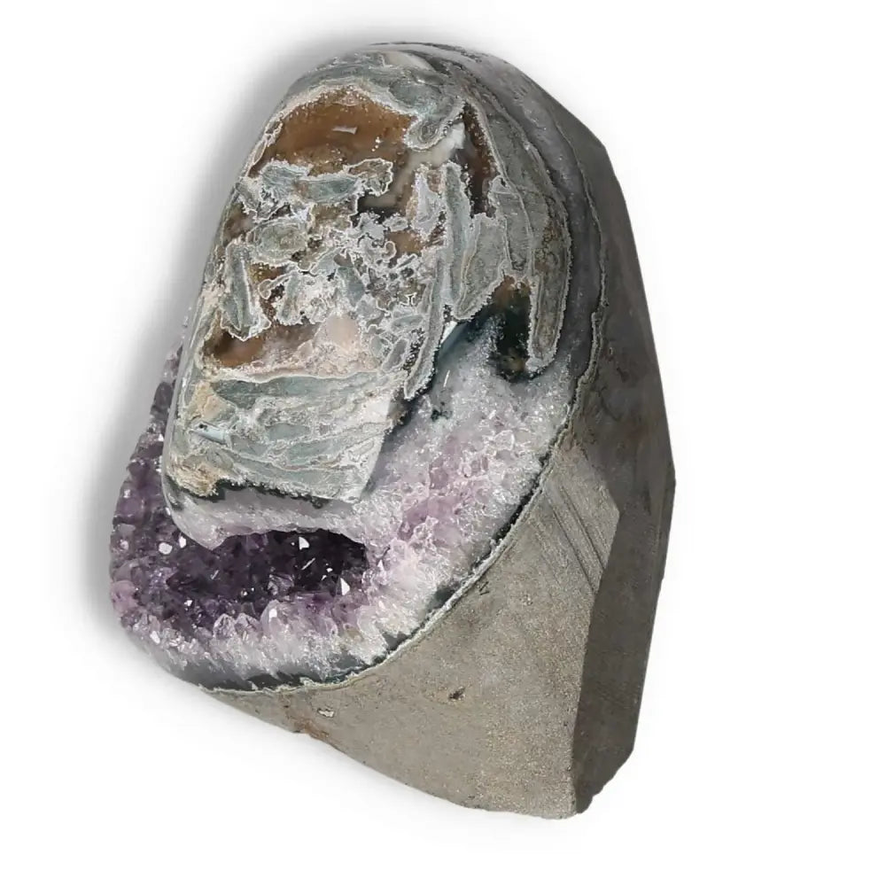 Amethyst cut base geode with deep purple hues, perfect for decor and stress reduction, from Sylvia Crystals.