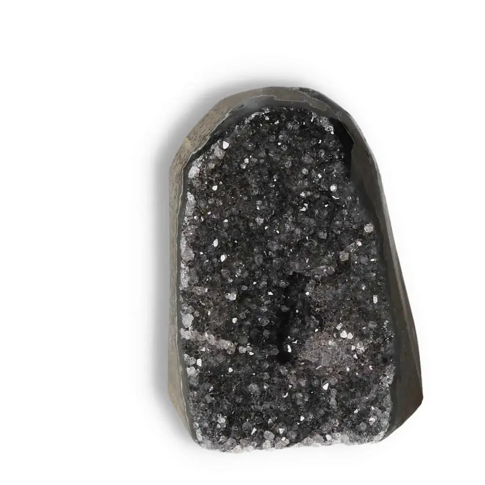 Amethyst geode with cut base from Sylvia Crystals, promotes tranquility and energy, luxury crystal décor piece.