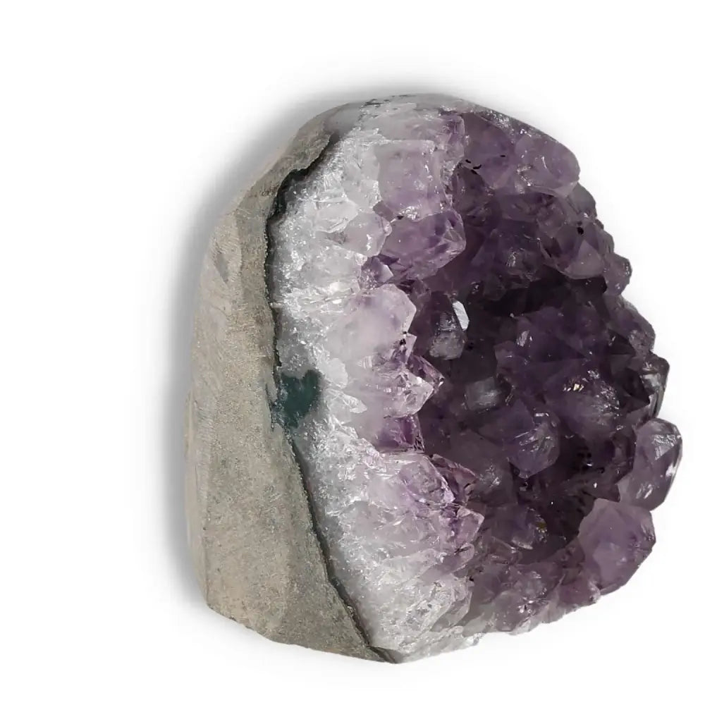 Amethyst cut base geode showcasing rich purple hues and natural crystalline formations from Sylvia Crystals.