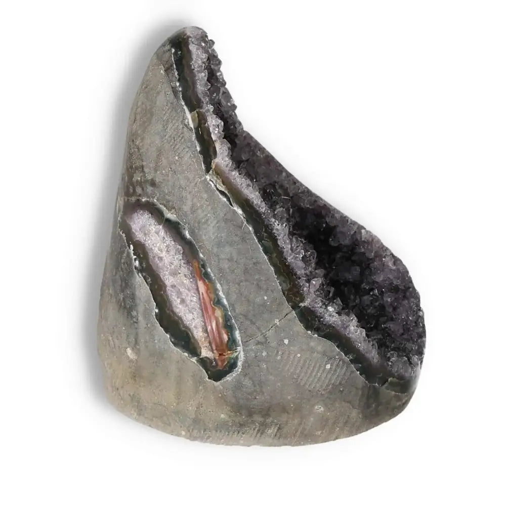 Amethyst cut base geode from Sylvia Crystals, offering decorative and stress-reducing benefits for enhancing positive energy.