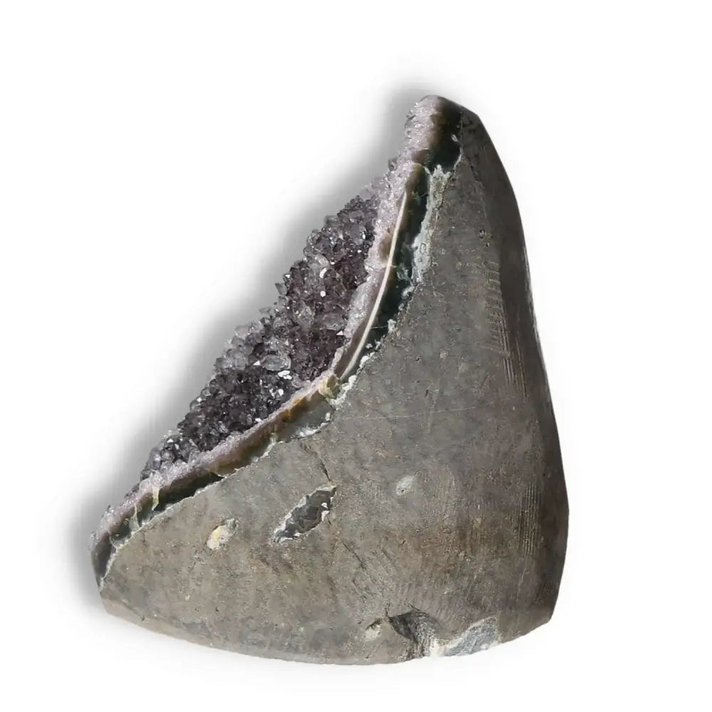 Amethyst cut base geode by Sylvia Crystals, showcasing natural beauty and positive energy for stress relief and emotional stability.