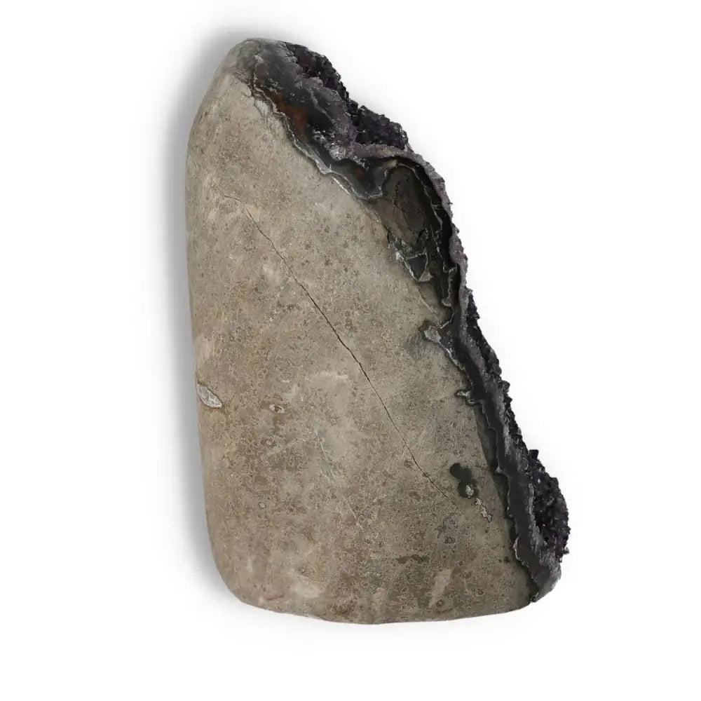 Side view of an Amethyst cut base geode with deep purple crystals from Sylvia Crystals, showcasing natural beauty and spiritual elegance.