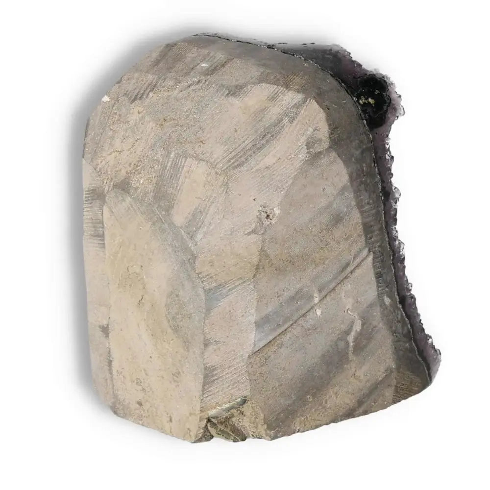 Amethyst cut base geode showcasing unique structure from Sylvia Crystals, perfect for decoration and spiritual rejuvenation.