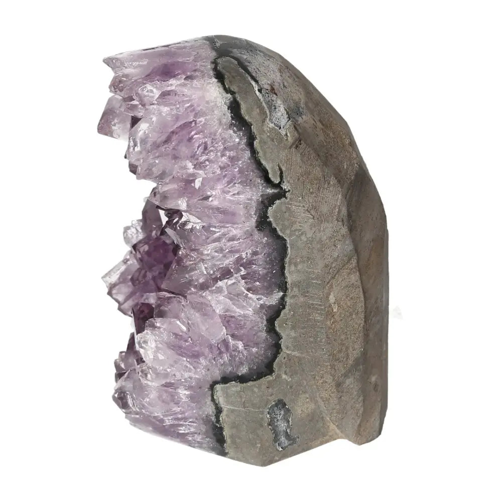 Amethyst cut base geode from Sylvia Crystals showcasing natural elegance and spiritual depth with harmonious crystal formations.