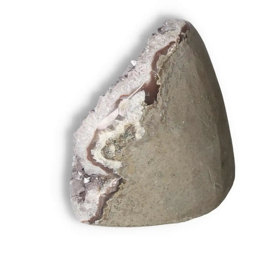 Amethyst cut base geode showcasing raw beauty and sparkling crystals from Sylvia Crystals.