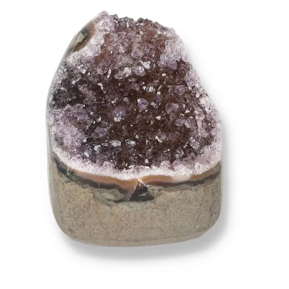 Amethyst cut base geode by Sylvia Crystals, showcasing intricate crystal formations for luxury and spiritual harmony.