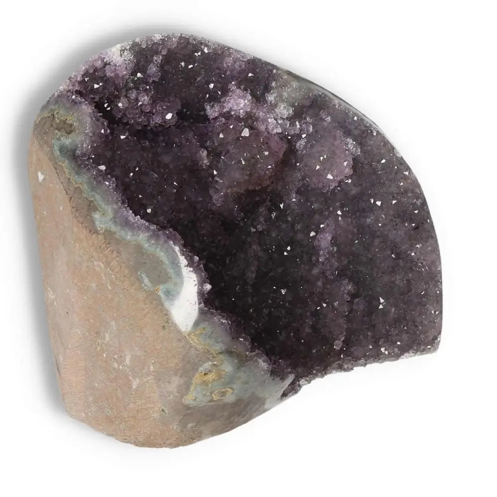 Premium Amethyst cut base geode with rich purple hues from Sylvia Crystals, known for stress reduction and energetic benefits.