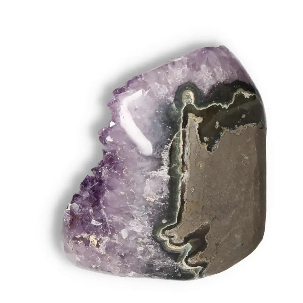 Purple Amethyst cut base geode from Sylvia Crystals, highlighting its natural beauty and stress-relieving properties.