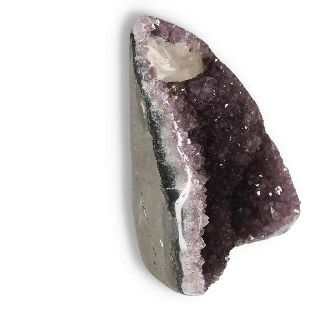 Amethyst with Calcite Cut Base Geode from Sylvia Crystals, known for its calming and decorative properties.