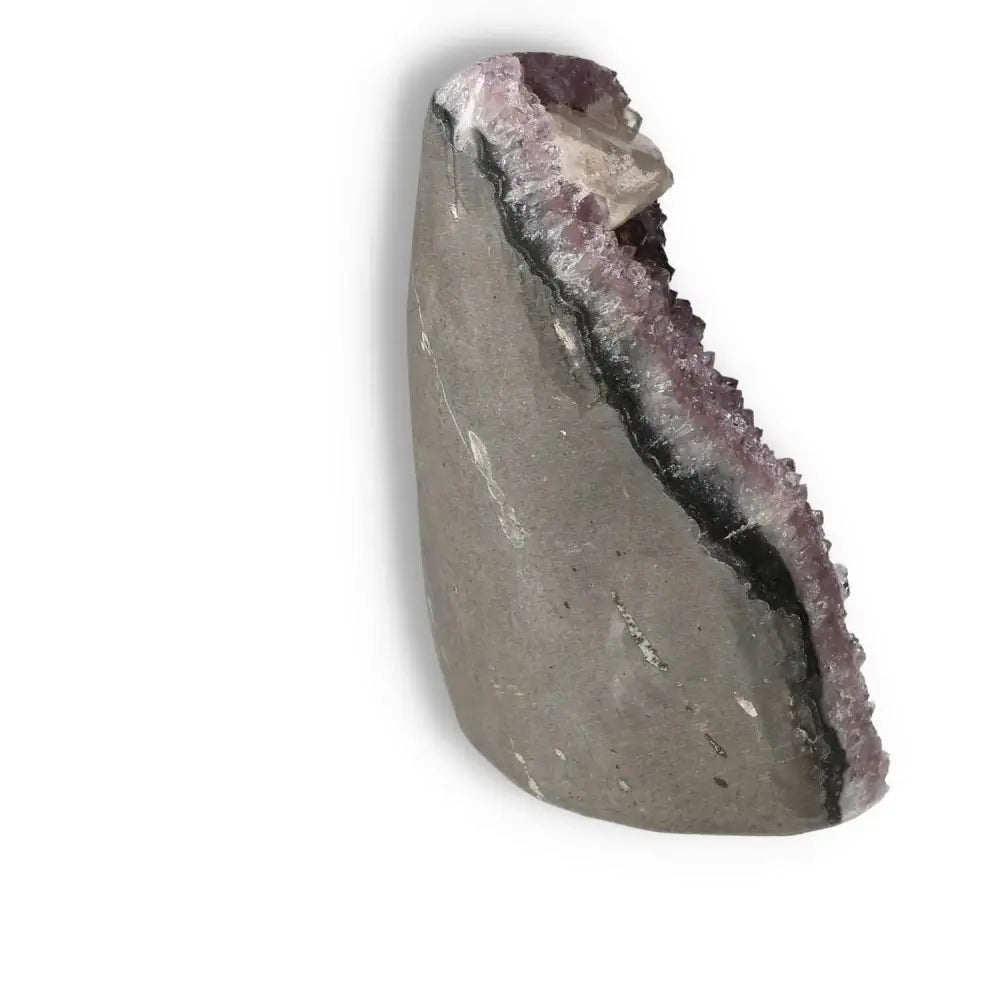 Elegant Amethyst with Calcite Cut Base Geode, promoting tranquility and sophistication, from Sylvia Crystals collection.