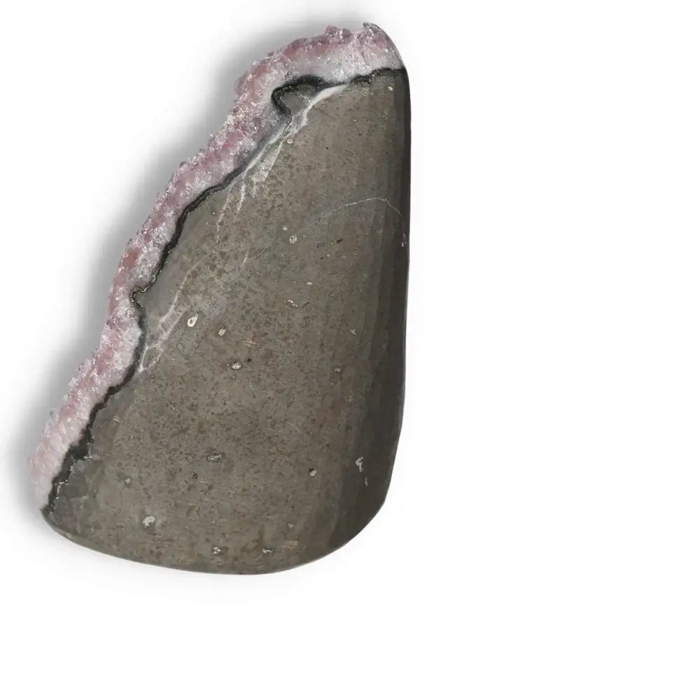 Amethyst with Calcite Cut Base Geode featuring shimmering crystal structure, promoting tranquility and mindfulness. Luxury decor by Sylvia Crystals.