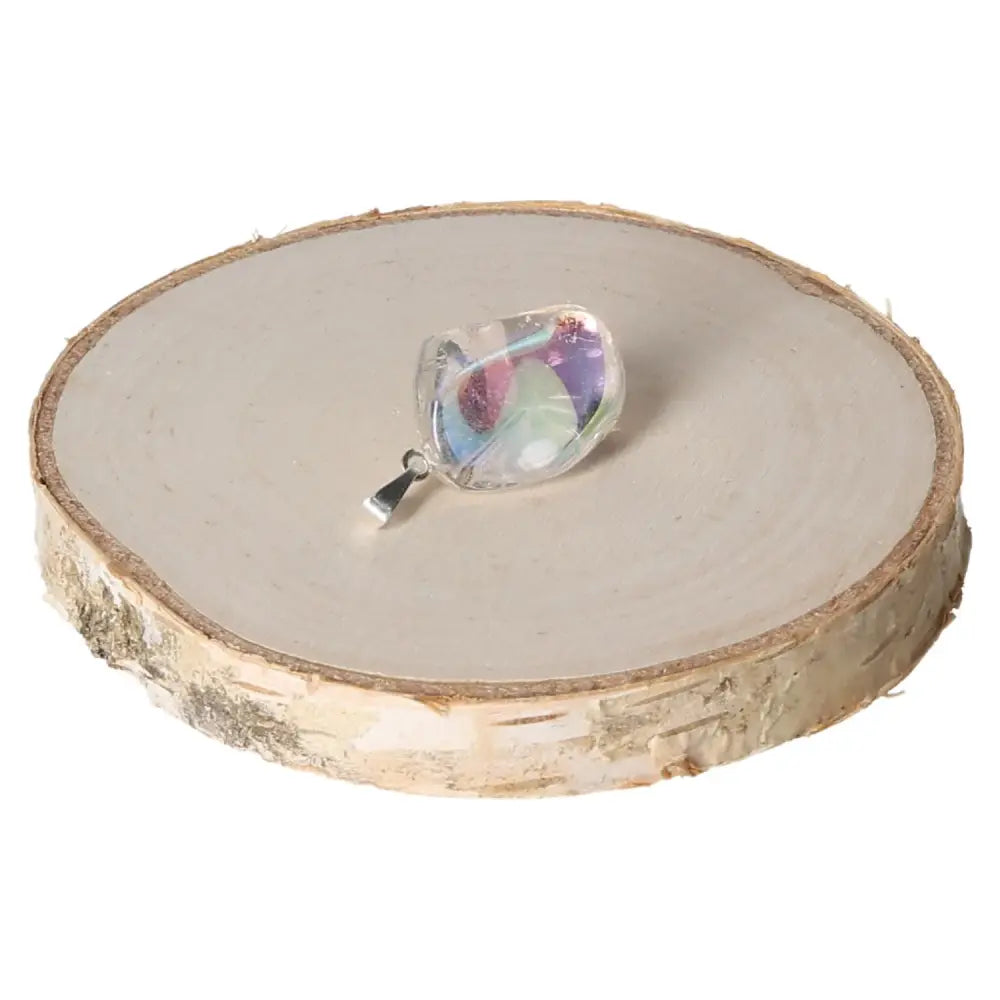 Exquisite Angel Aura Tumbled Pendant with iridescent sheen on wooden display, from Sylvia Crystals jewelry collection.