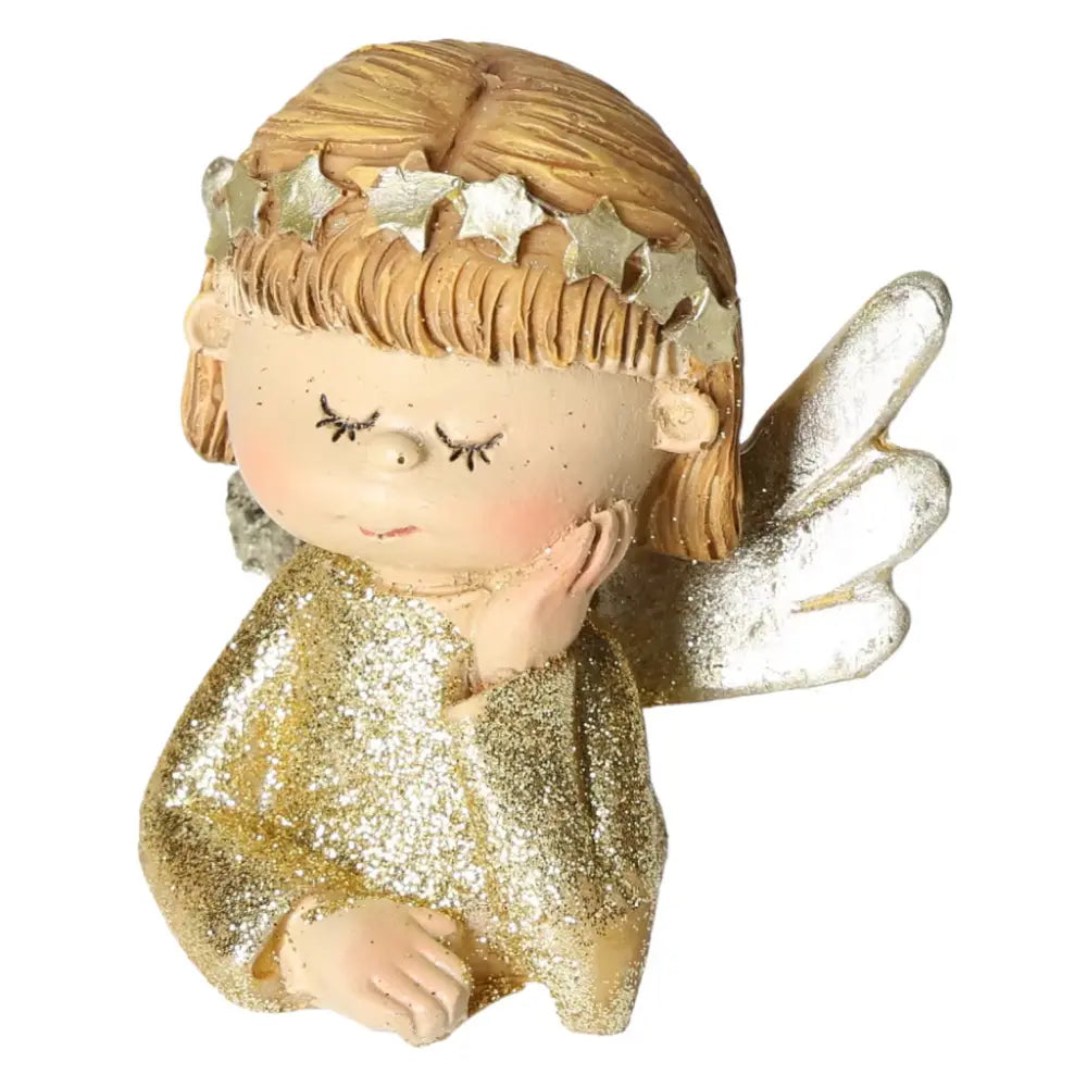 Gold poly angel figurine with glitter, featuring delicate wings and star crown, perfect for decor or gift.
