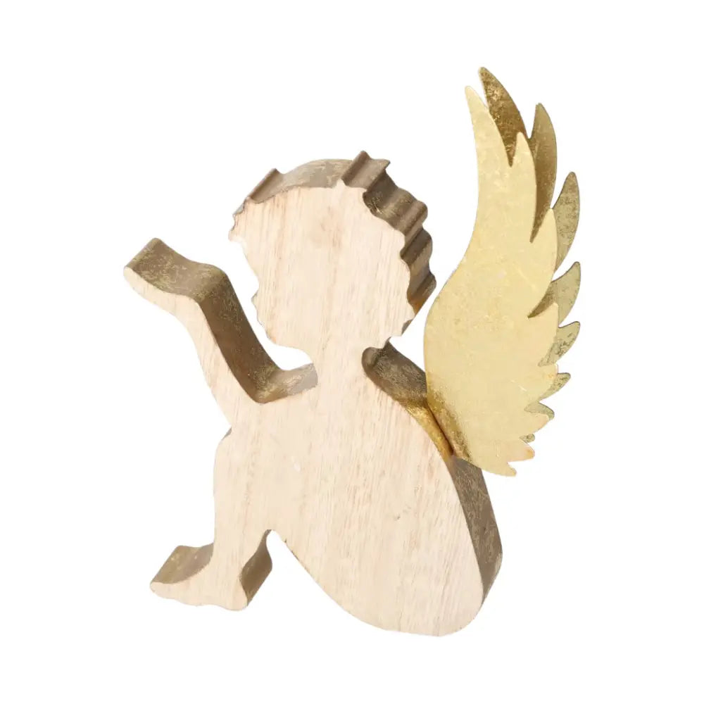 Angel sculpture in gold with wood and metal detailing, designed for spiritual elegance by Sylvia Crystals.